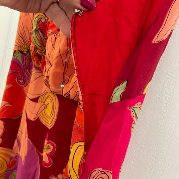 VINTAGE BOB MACKIE STUDIO SILK FLORAL REDS/ORANGES DRESS SIZE 10 PETITE - Picture 4 of 11